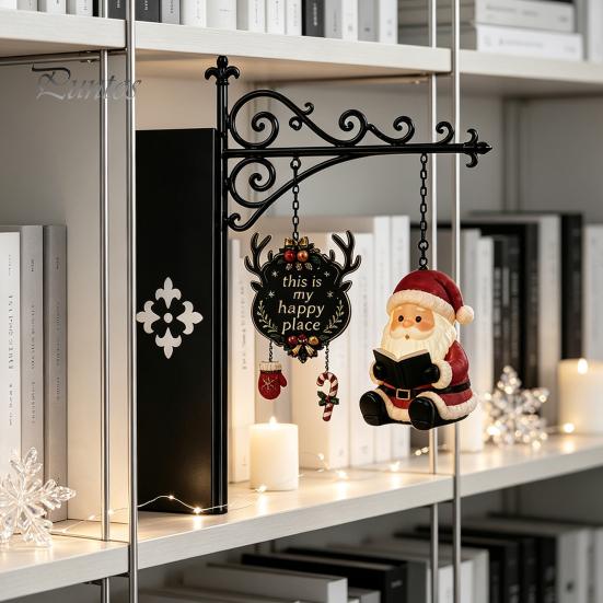 Unique Office Desk Decor Christmas Book Shelf Light, Iron Bookend Night Lamp with Santa Cozy Reading Corner Reindeer Snowman, Warm Glow Tabletop