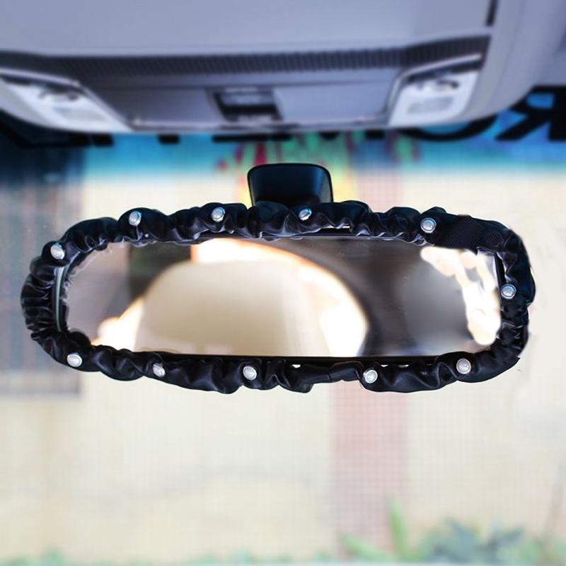 Fashion Leather Pearls Car Mirror Cover Universal Stretch Diamond Auto Interior Rearview Mirror Case Decor Accessories Women