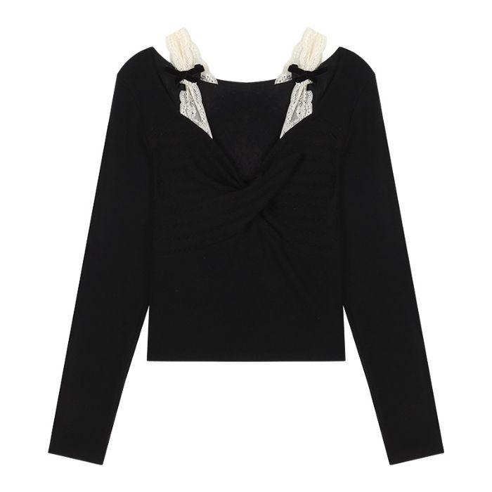Women's Modal Cotton Lace Layer Long Sleeve Faux Two-Piece T-Shirt for Autumn