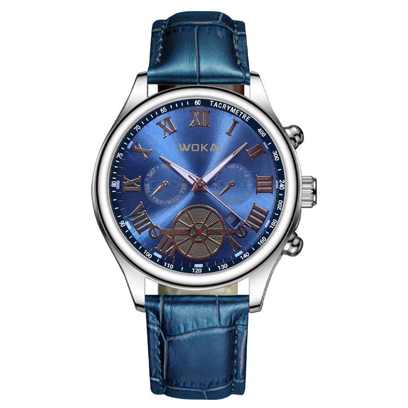 

Fashion Business Watches Three-Eye Roman Numerals Dial Clock Leather Strap Quartz Watch for Men Wristwatch Relogios Masculino