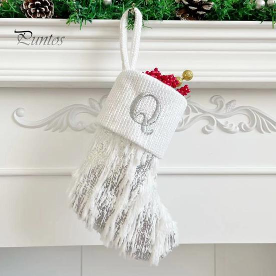 1Pc Christmas White Stocking Letter Embroidery Knitted Handmade Reusable Xmas Tree Hanging Gift Bag Stocking Pendant Party Holiday Decoration