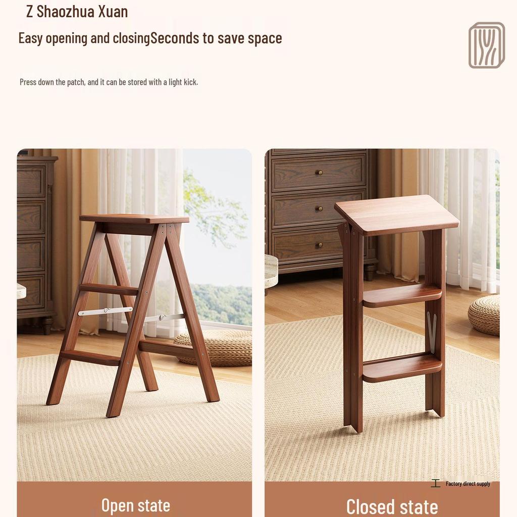 Solid Wood Folding Step Stool Chair - Multifunctional 3-Step Ladder for Kitchen and Household Use
