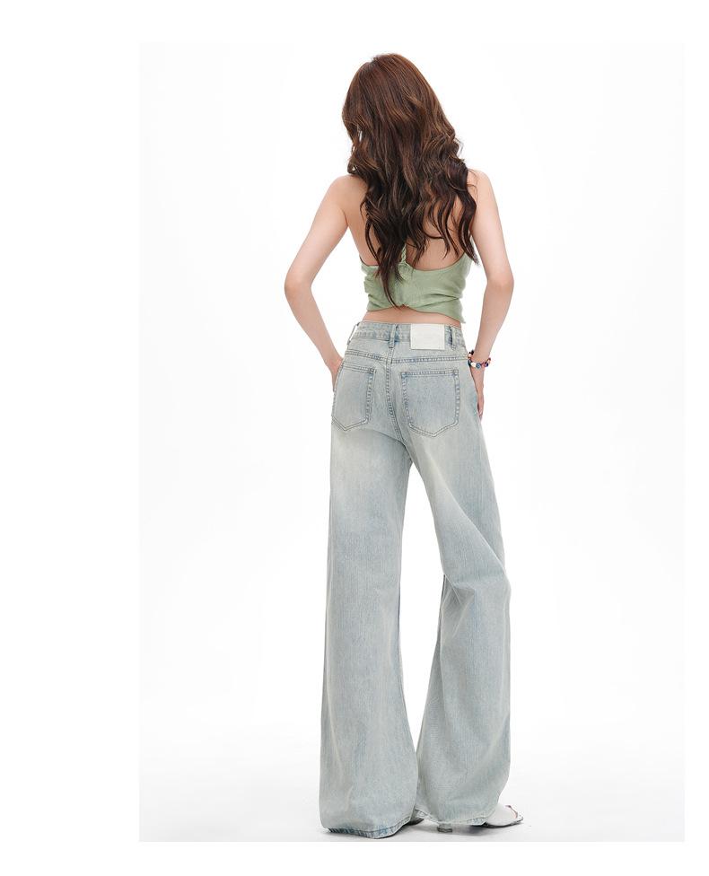 Women's Light Blue Retro Washed Denim Jeans, 2026 Spring/Summer, Loose Wide-Leg, Slimming Straight Pants
