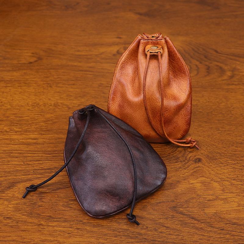 Kopfschicht Rindsleder Geldbörse, Handpolierte Tragbare Münzbörse, Zugbeutel, Kleingeld Ledertasche, Schreibtischtasche, Retro-Stil