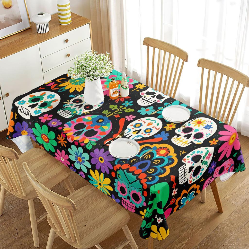 New Dining Table Cloth Tablecloth Waterproof Skull Flower Rectangular High-end Decorative Tablecloth Beach