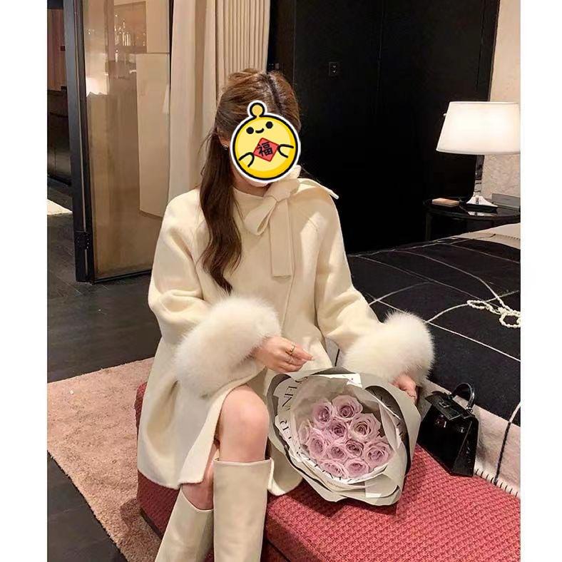 Double-sided Wool Coat Mid-length Korean Style Baggy Woolen Coat with Fur Cuffs