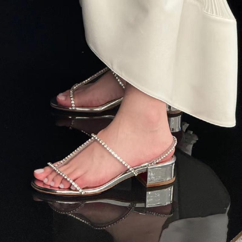 Fashion Silver Rhinestone Narrow Band Heeled Sandals Women Sexy Open Toe Chunky Designer Shoes Elegant Party Dress Shoes Sandalias Mujer