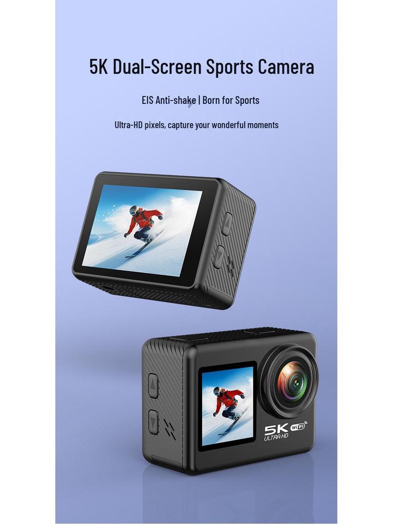 5K Dual-Screen Waterproof Sports Camera with Touchscreen, Cycling EIS Stabilization, and WiFi Sync