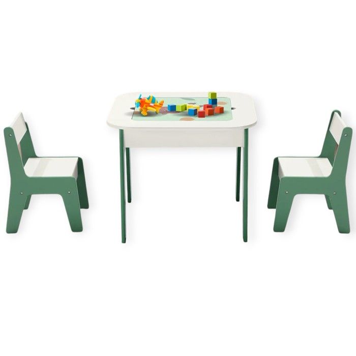 GINGER HOME Kindertisch 4-in-1 mit 2 Stühlen – Wendbare Tischplatten, Tafel & Blöcke Typ LEGO – Design WALD