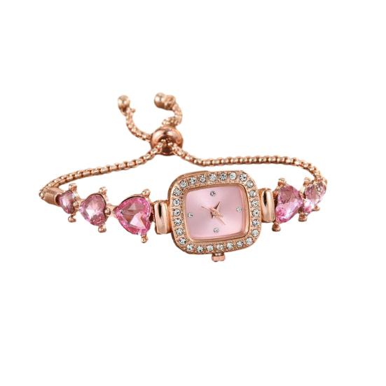 Women Rhinestone Bracelet Watch Small Square Dial Analog Quartz Wrist Watch Love Heart Chain Ladies Dress Watch with Adjustable