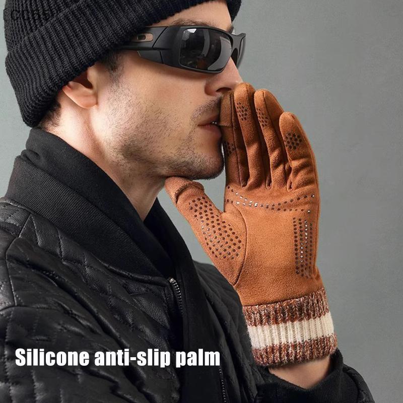 Winter Suede Gloves Outdoor Cycling Windproof Flip-Finger Touch Screen Gloves Men Winter Thickened Driving Gloves