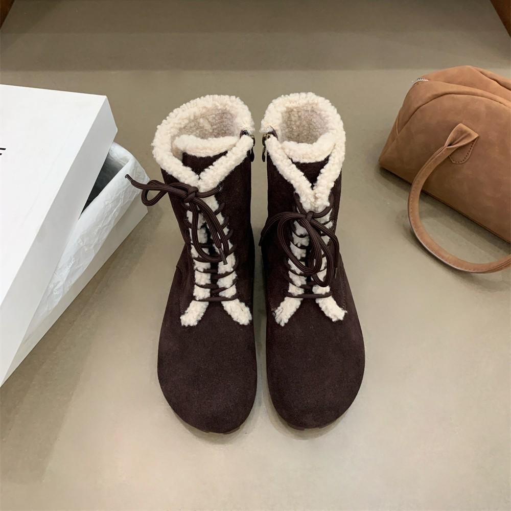 2025 Autumn and Winter New Round Head Velvet Lamb Wool Low Tube Thin Martin Snow Shoes Warm Women's Short Boots