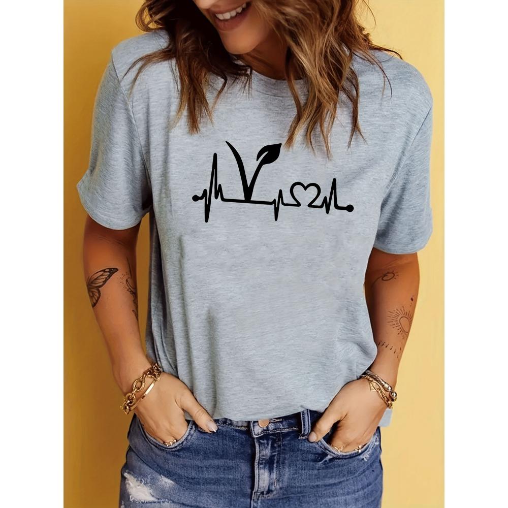 Plant Print Short Sleeve T-Shirt, Crew Neck Casual Top For Summer & Spring, Women's Clothing