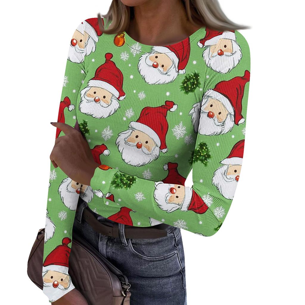 Women's Fashion Slim-Fit Round Neck Base Layer T-Shirt Christmas Print Long-Sleeved Top