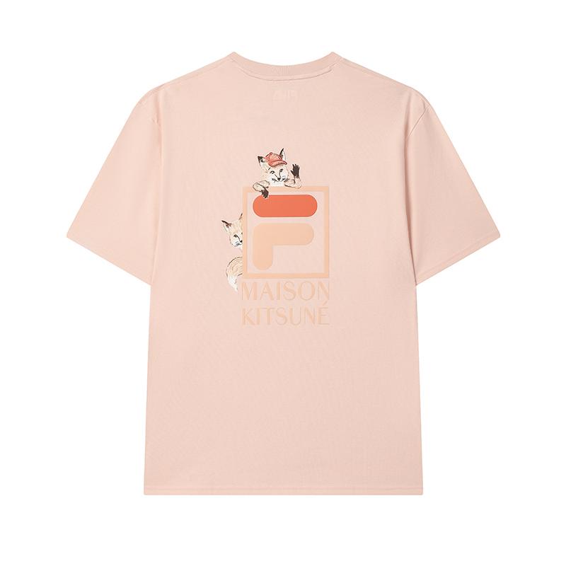 FILA X Maison Kitsune Fox T-Shirt Colorful Fox Fashion Trendy Comfortable Versatile Casual Short Sleeve Unisex T-Shirts Rose-Deep-Pink F11U529101FPK