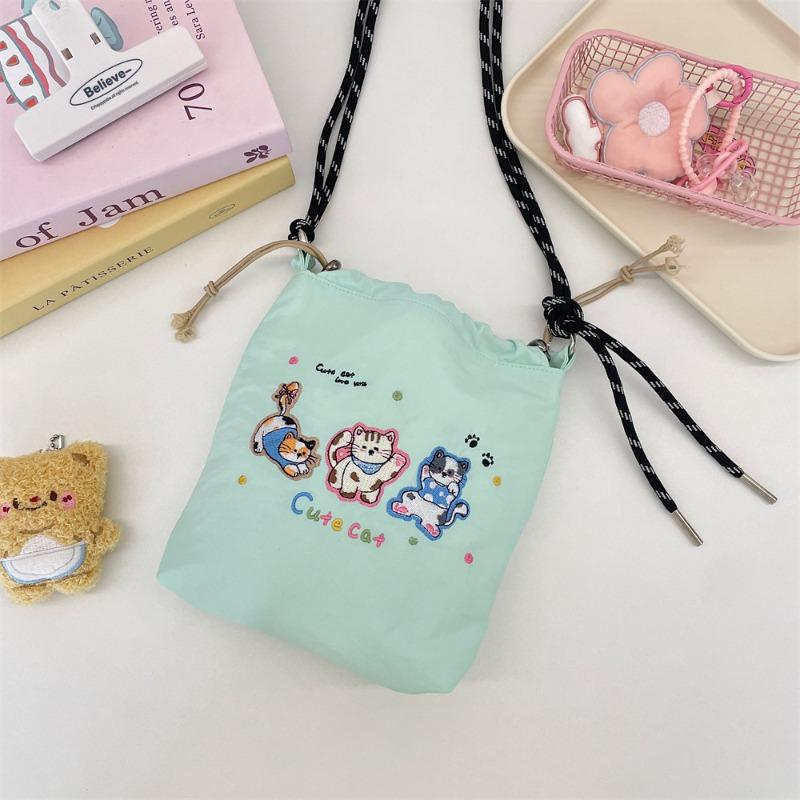 Cute Color Embroidery Bucket Bag Small Cloth Bag College Girl Casual Shoulder Crossbody Mobile Phone Bag