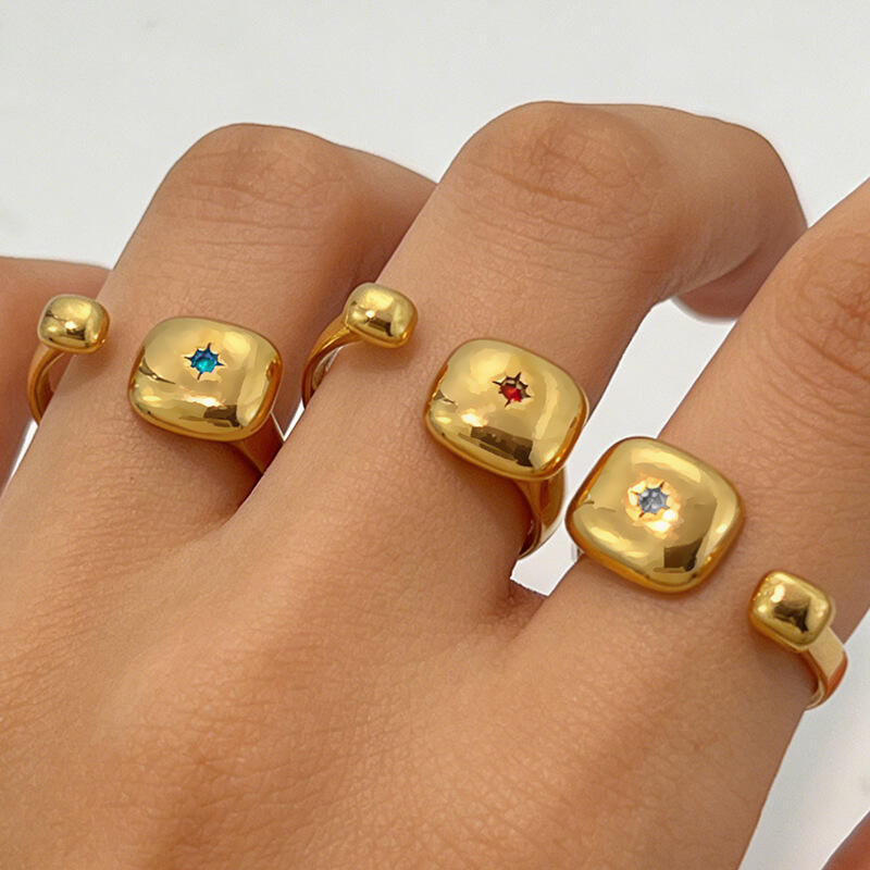 18K Gold Plated Stainless Steel Open Adjustable Ring Square Cushion Colored Cubic Zirconia Fashion Jewelry for Women