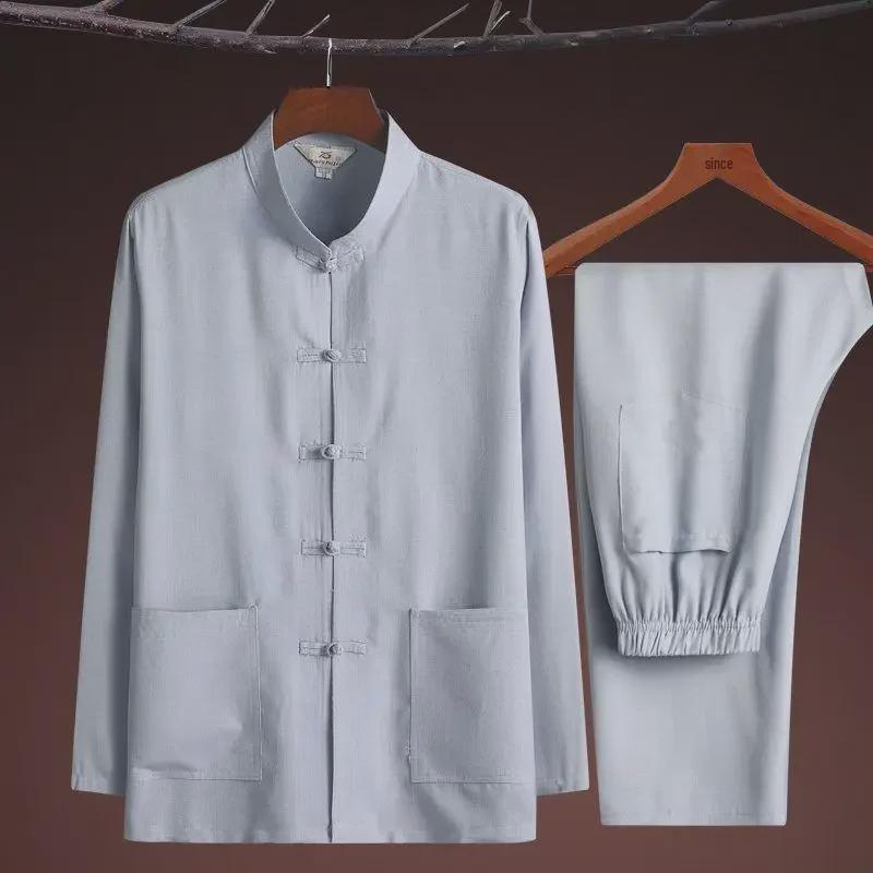 Men's Cotton & Linen Tang Suit Set: Long-Sleeved, Lightweight, Retro Style for Middle-Aged & Elderly. Perfect for Spring, Autumn, Summer.