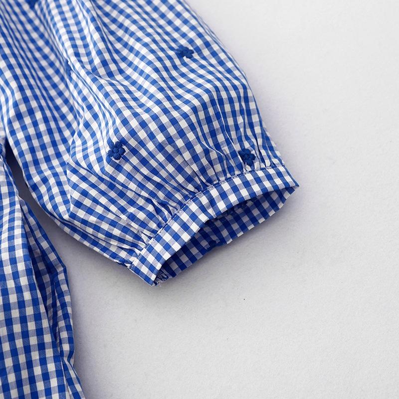 Blue round neck embroidered cotton and linen dress women's 2025 spring and summer new loose casual fine plaid seven-quarter sleeve long dress