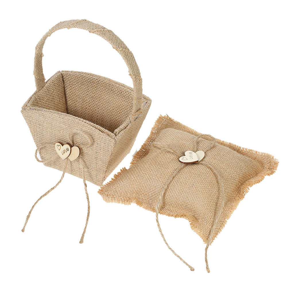 6*6 cali Vintage juta podwójne serce pierścień na okaziciela poduszka i rustykalny ślubny kwiat dziewczyna kosz zestaw