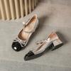 Genuine Leather Mary Zhen Stomped Middle Heel Spring and Autumn Black and White Spliced Chain Round Head Bow Girls Thick Heeled Single Shoes