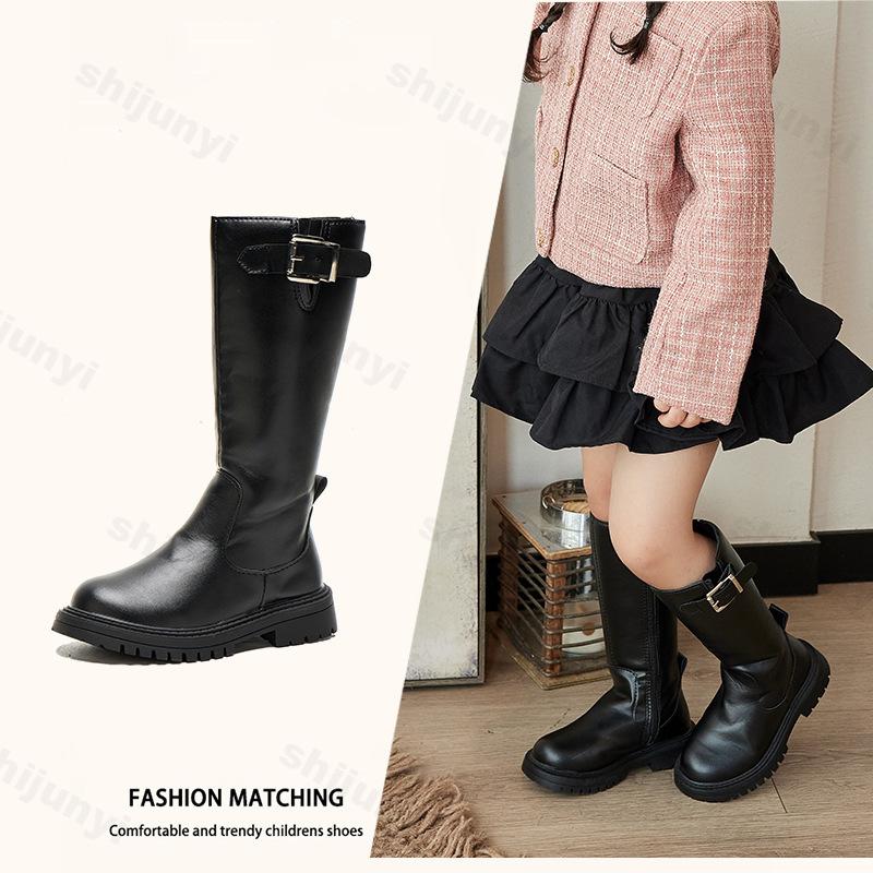Children Clothing Yulin-001 Girls Black Children Knee Length Boots Autumn Buckle Princess Boots Kids Zipper Comfortable Non Slip Solid Color Long Boots Cm