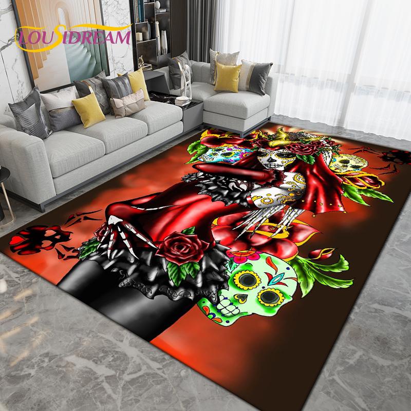 Cartoon Skull Girl Area Rug Large,Carpet Rug for Living Room Bedroom Sofa Decoration,Doormat Kitchen Bathroom Non-slip Floor Mat