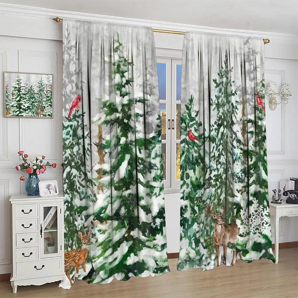 2pcs Watercolor Winter Forest Printed Curtains, Designed for Light Filtering, Quality Material, Ideal for Christmas Home Window