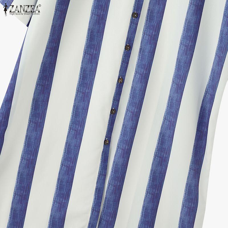 ZANZEA Women Stand Collar 3/4 Sleeve Loose Stripe Shirt Dress
