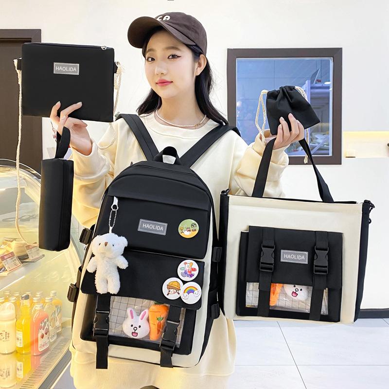 Five Piece Set Student Schoolbag Transparent Backpack  Women Outdoor Portable Storage Bags Large Capacity Travel Bag Gift