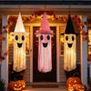 Halloween Light Up Smiling Ghost Hanging Decoration with Witch Hat Long Fringe Design for Indoor Outdoor Party Use