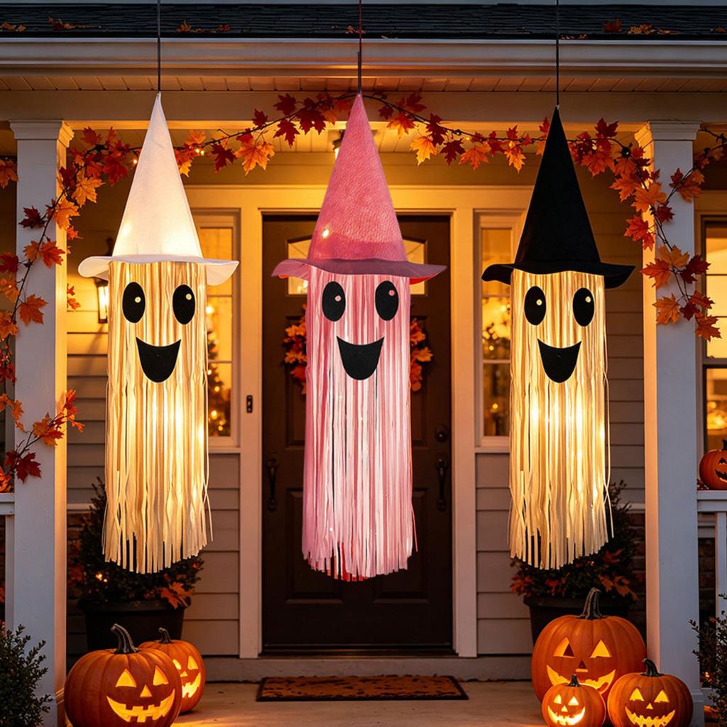 Halloween Light Up Smiling Ghost Hanging Decoration with Witch Hat Long Fringe Design for Indoor Outdoor Party Use