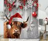 Christmas Cute Highland Cow Shower Curtain, Merry Christmas Farmhouse Funny Western Animals Bath Curtain, Winter Snow Pine Tree