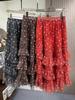 Vintage-Inspired Slim High-Waisted Midi Skirt with European & American Print, Mesh Ruffles, and Pleated Hem