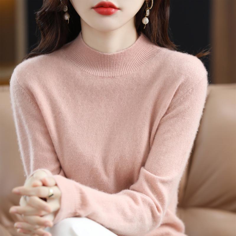 Women's Pure Wool Ribbed Sweater - Autumn/Winter Loose Fit Semi-High Neck Pullover