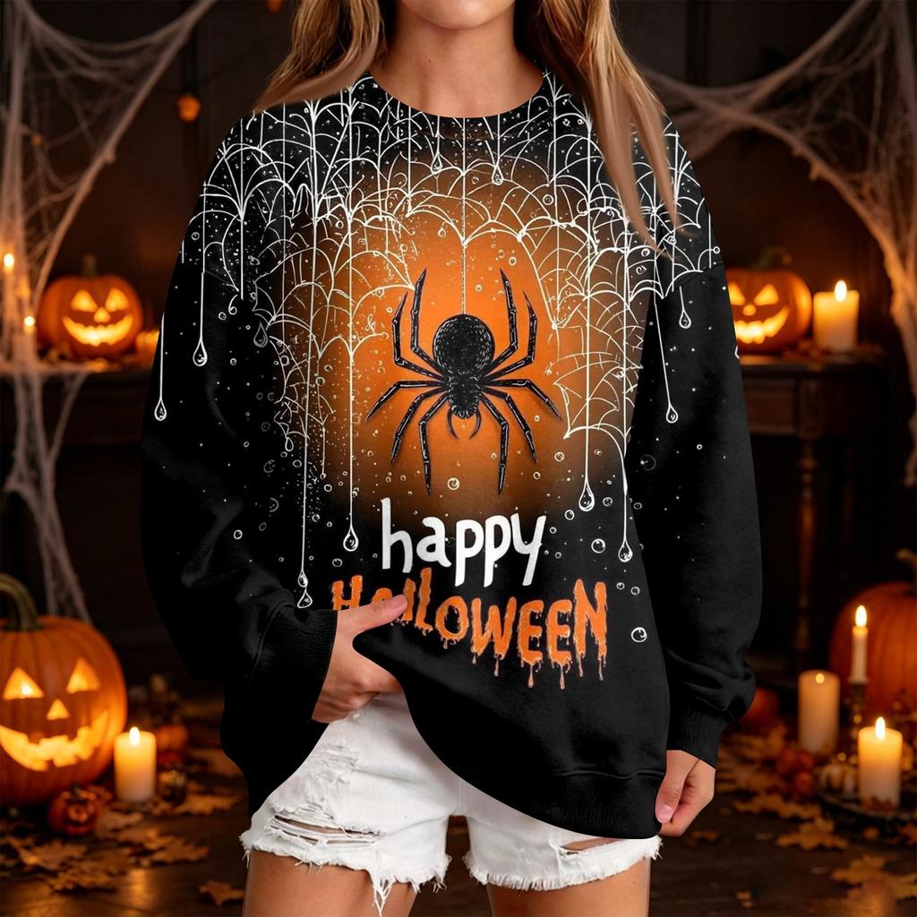 Women's Casual Round Neck Sweatshirt with Halloween Print, Long Sleeve Pullover for Festivals