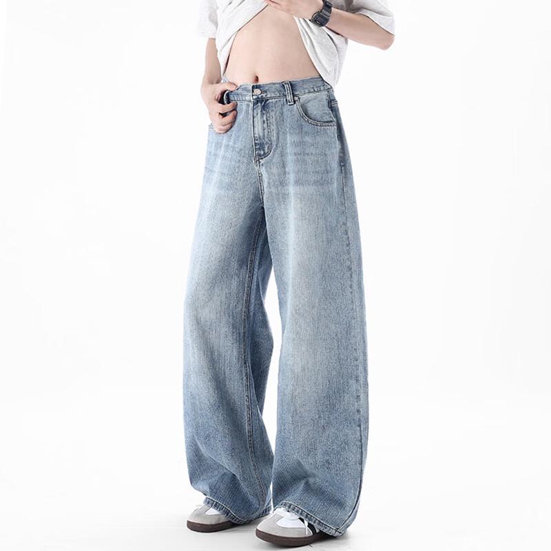 JEEP SPIRIT Men's High Street Loose Straight Bamboo Texture Denim Jeans