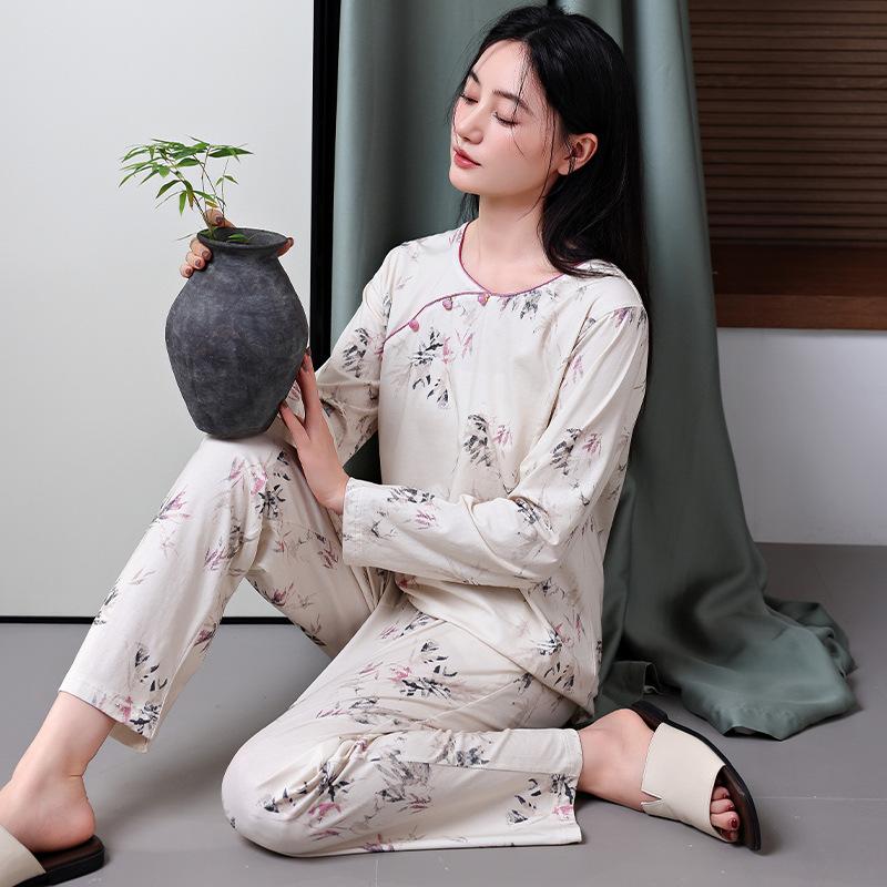 Pajamas Women'S Pure Cotton Long-Sleeved Spring Thin Cotton Chinese Style Loungewear Set