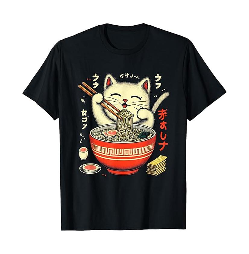 Round Cute Cat Smoke Hot Lamian Noodles Cartoon Printed T-shirt Vintage Pure Cotton Personality Short Sleeve for Men and Women
