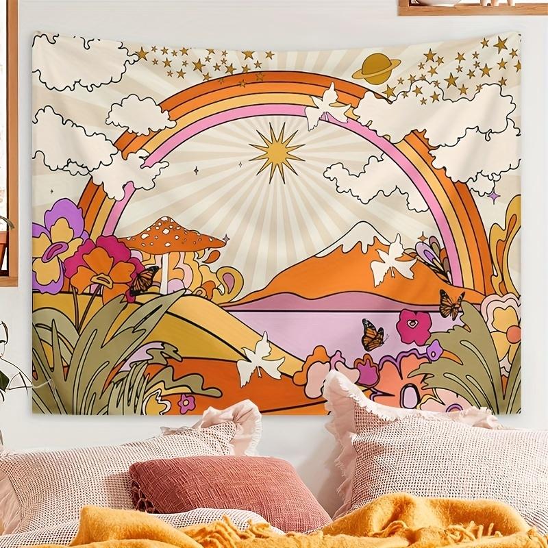 Retro Rainbow Mushroom Tapestry Hippie Style Countryside Flower Background Cloth Bohemian Room Decoration