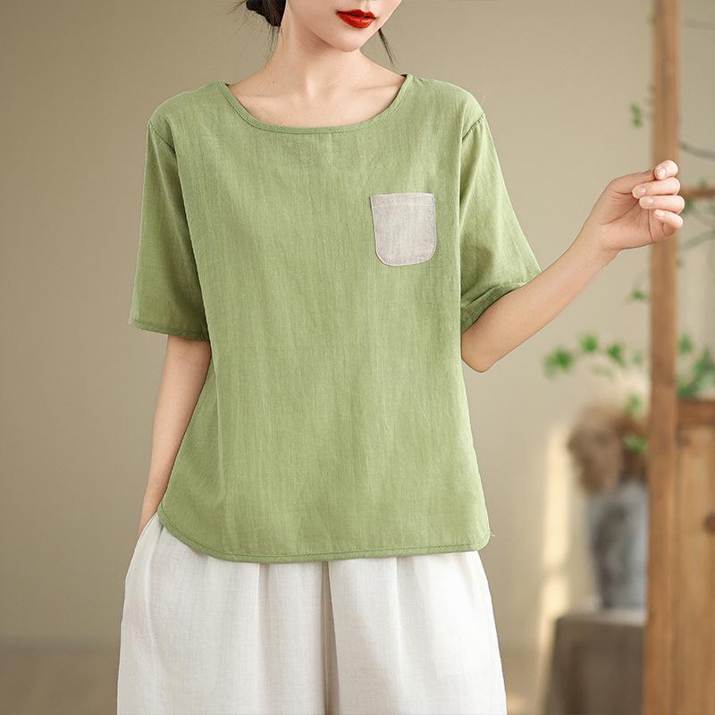 

Green Color Block Women s Cotton & Linen Short-Sleeve T-Shirt 2XL светло-зеленый