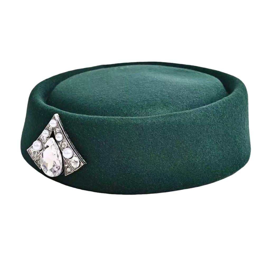 New British Retro Top Hats Crystal Embellished Headwear Felt Beret Air Hostess Hat for Women Party