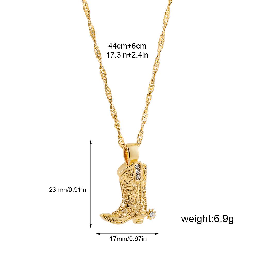 Tempusort 18K Gold Stainless Steel Zircon Necklace Western Cowboy Boots Engraved Vintage Pendant Accessories Jewelry