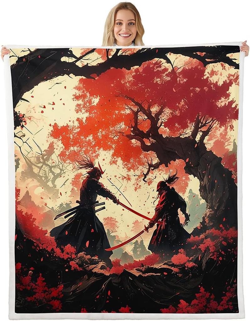GUOYU Blanket Japanese Style Fleece Bed Blanket Twin Japanese Samurai Throw Blanket for Kids Boys Men Ink Painting Dragon Sherpa Blanket