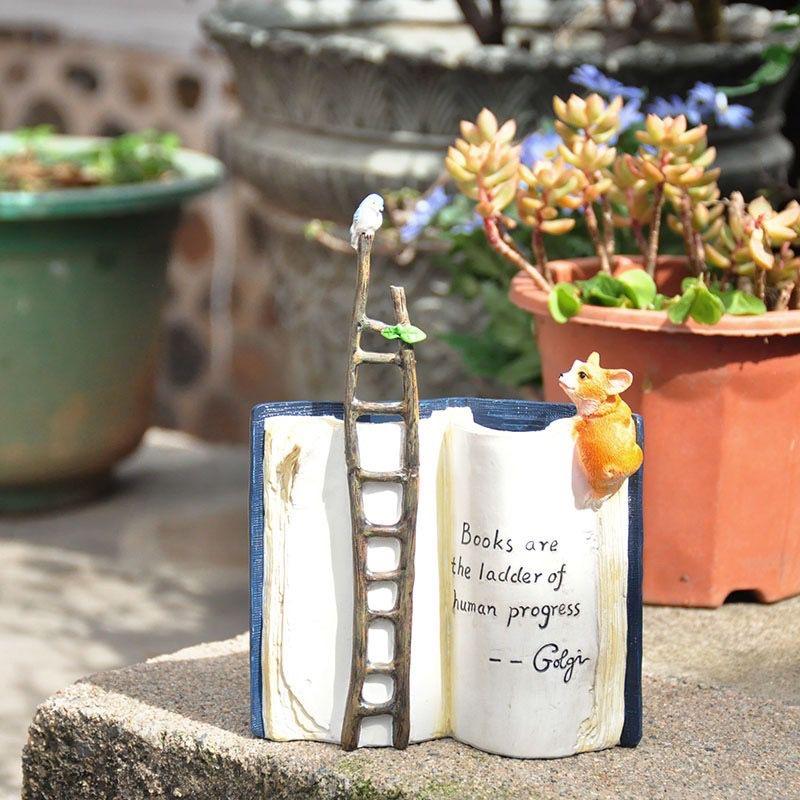 

Handmade Rustic Painted Resin Squirrel Figurine, Stair, Books & Flower Pot Desktop Decorative Ornament A
