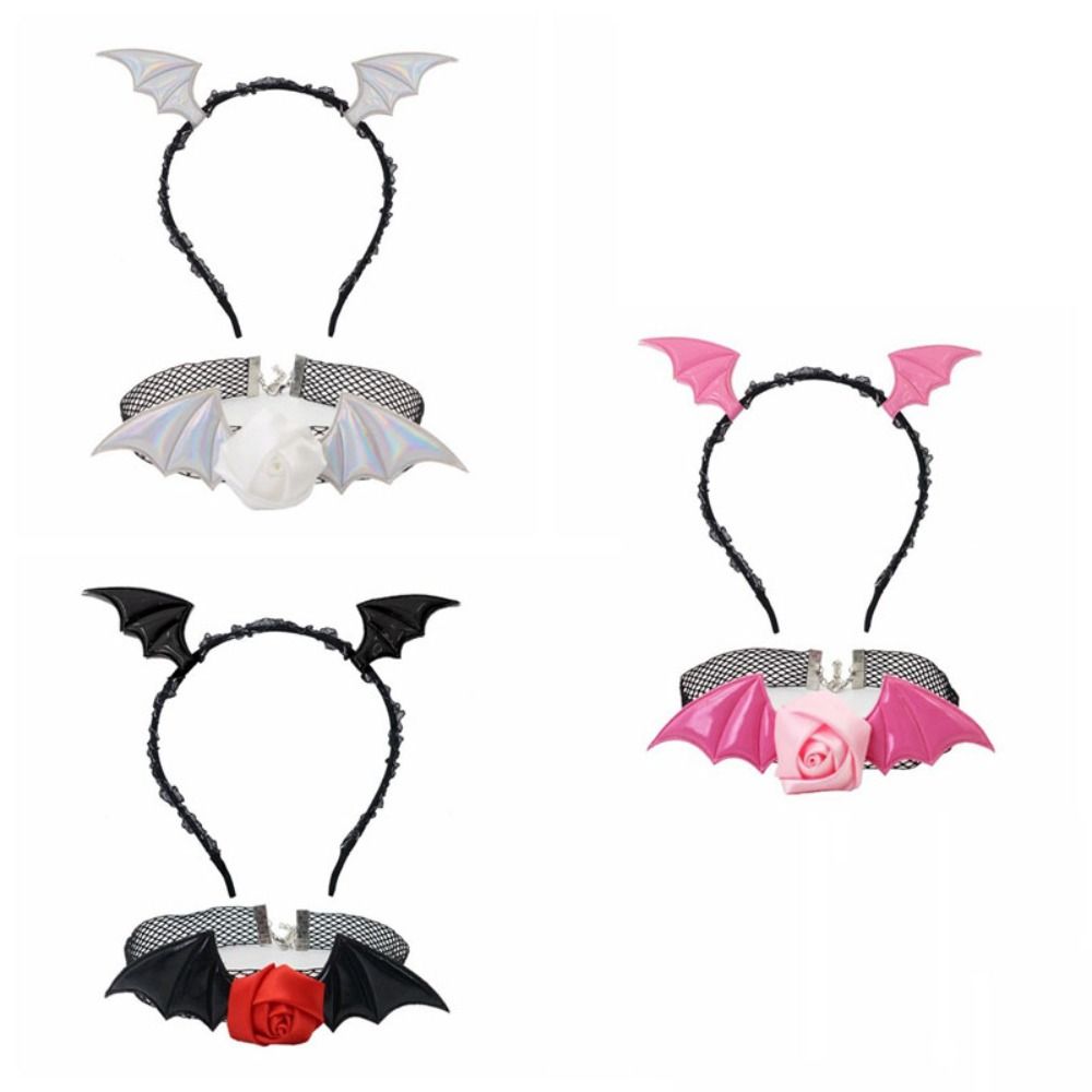 Flower Headband Necklace Set Mesh Halloween Hair Hoop Cute Bat Wings Hairband  Women