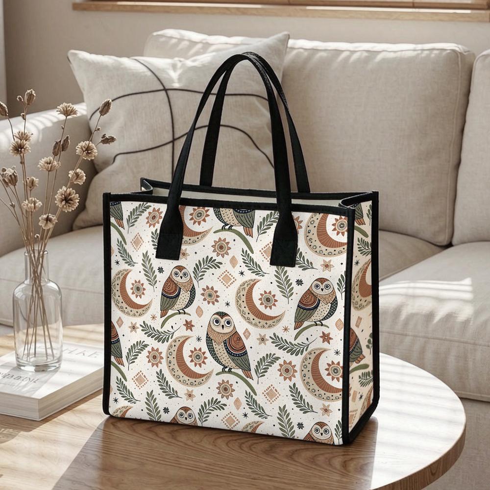 Bohemian Owl Pattern Tote Bag Casual Canvas Shopping Handbag for Daily Use