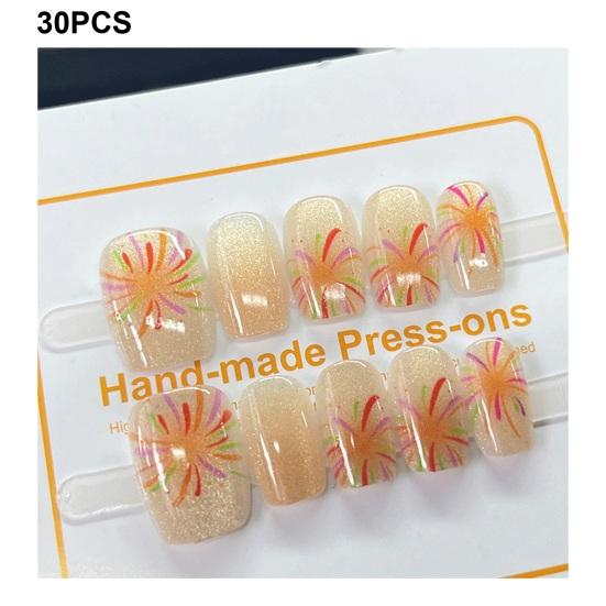 30Pcs Press On Nails Elegant Chinese Style Bamboo Red Square Short Glossy Nail Extension Full Cover Salon Home Women Girls Fake Nails Kit