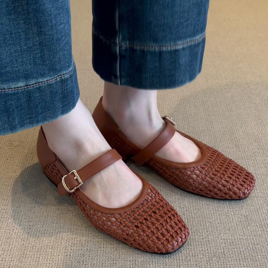 Sheepskin Version Niche Hollow Retro Woven One-word Strap Single Shoes Women's Summer New Flat Mary Jane Shoes Hole Shoes