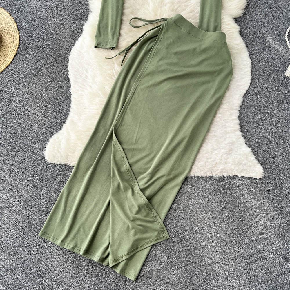 Three-Piece Suit Women's Autumn Halter Neck Small Suspenders Long-Sleeved Cardigan Shirt High Waist Slit Long Skirt